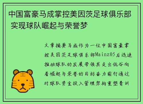 中国富豪马成掌控美因茨足球俱乐部 实现球队崛起与荣誉梦